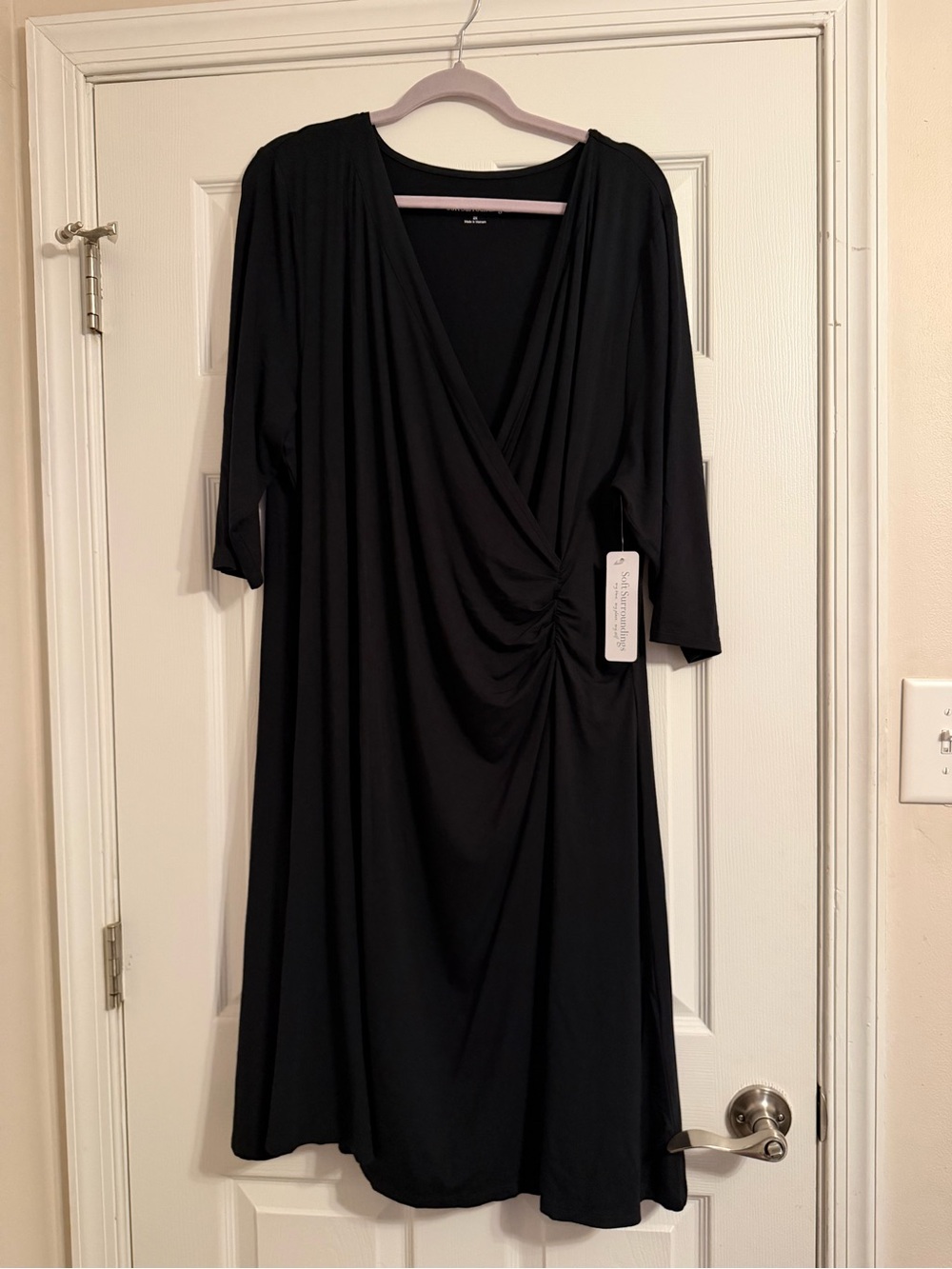 Soft Surroundings Black Midi Wrap-Style Dress with Side Ruching